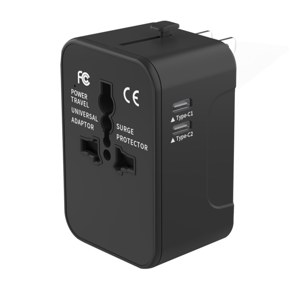 Адаптер за 2 x USB-C, EU, UK, AUS, US - Techsuit (HHT202-2C) - Черен