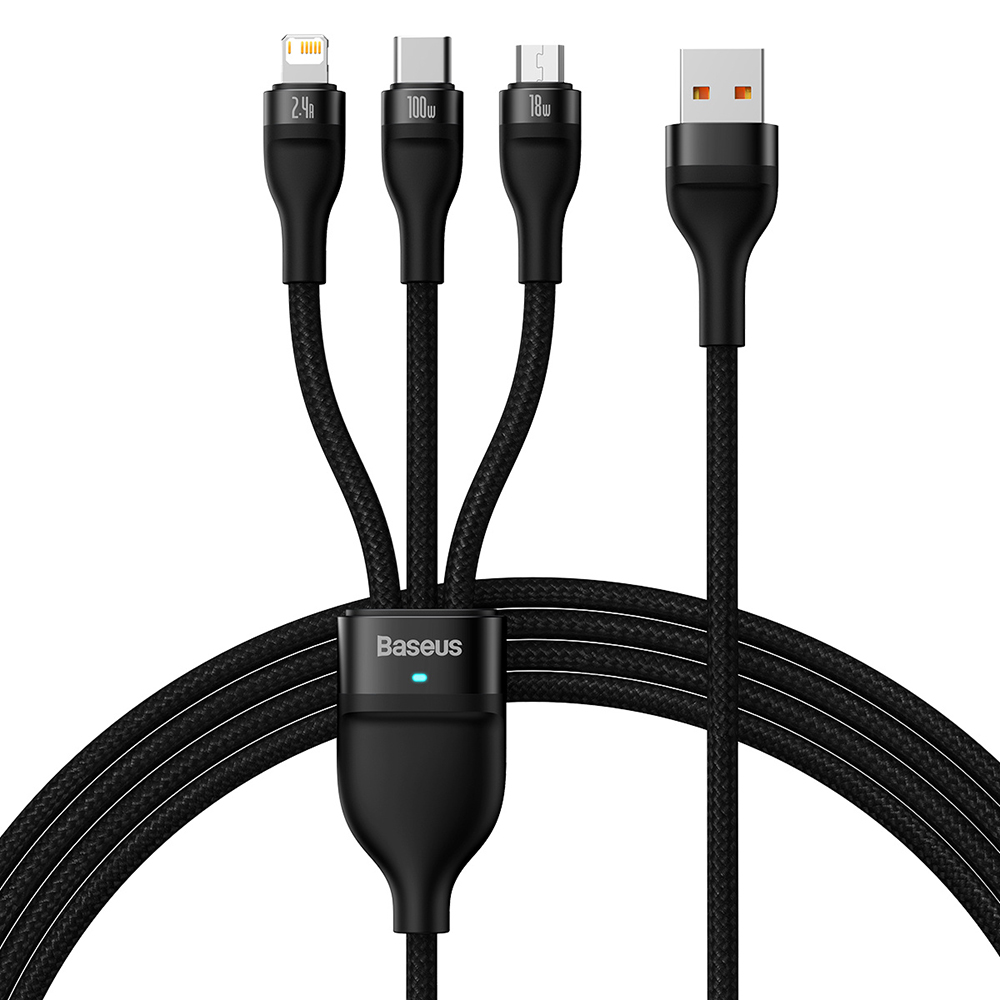 Кабел за данни 3в1, USB, 100W, 1.2m - Baseus Flash Series 2 (CASS030001) - Черен