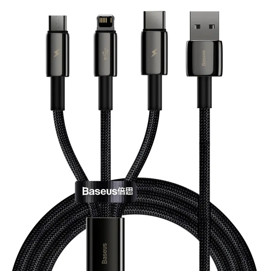 Кабел за данни USB към Type-C, Lightning, Micro-USB - Baseus Tugsten Златист (CAMLTWJ-01) - Черен
