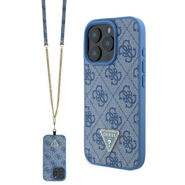 Калъф за iPhone 16 Pro - Guess Leather Metal Logo Metal Logo Strass Crossbody (GUHCP16LP4TDSCPB) - Син