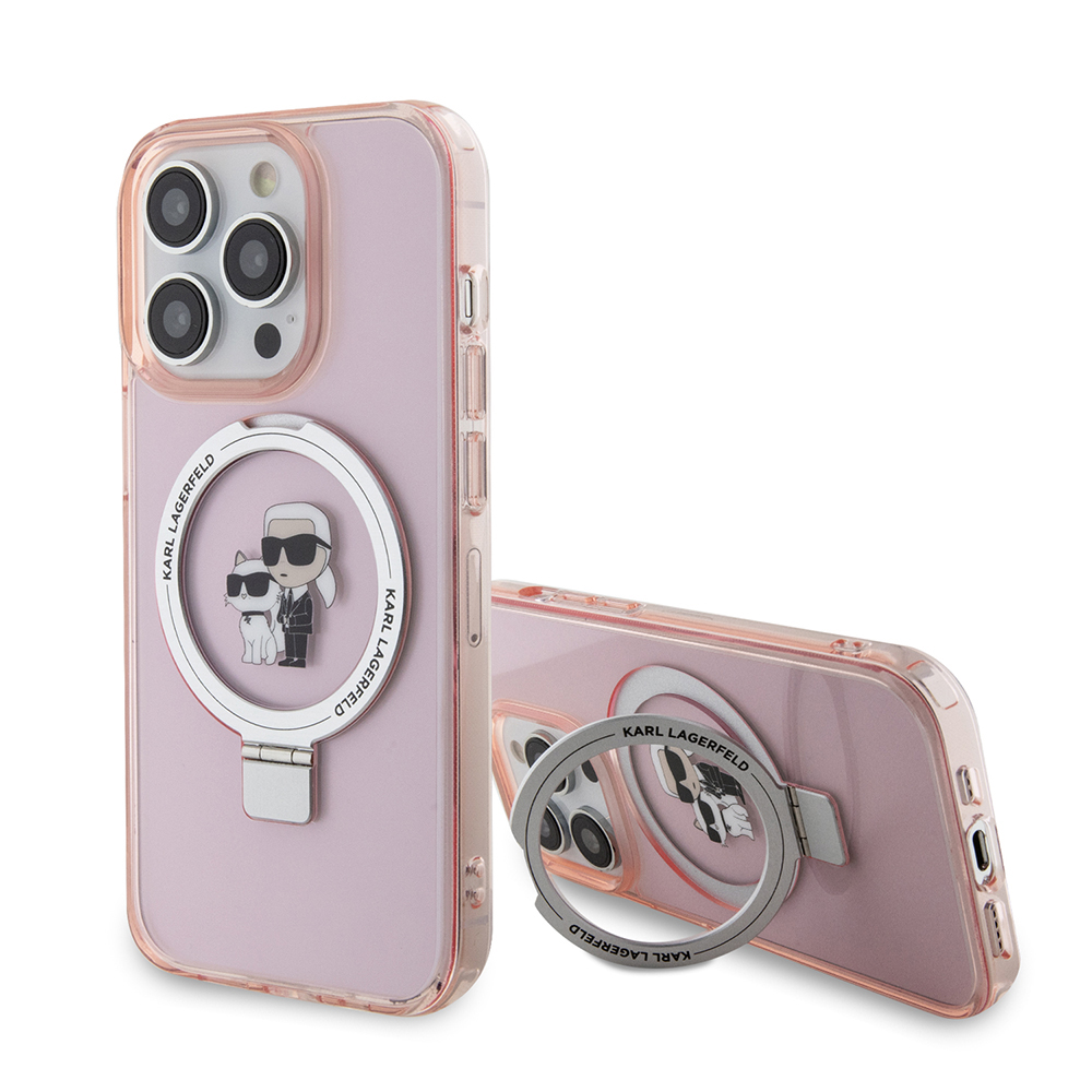 Калъф за iPhone 15 Pro Max - Karl Lagerfeld Hardcase Ring Stand MagSafe (KLHMP15XHHMMRSKCP) - Розов Karl&Choupette
