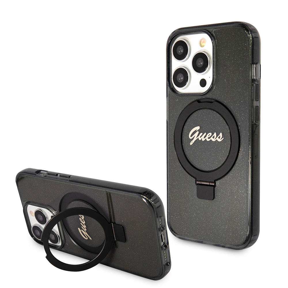 Калъф за iPhone 15 Pro - Guess Ring Stand Script Script Glitter MagSafe (GUHMP15LHRSGSK) - Черен