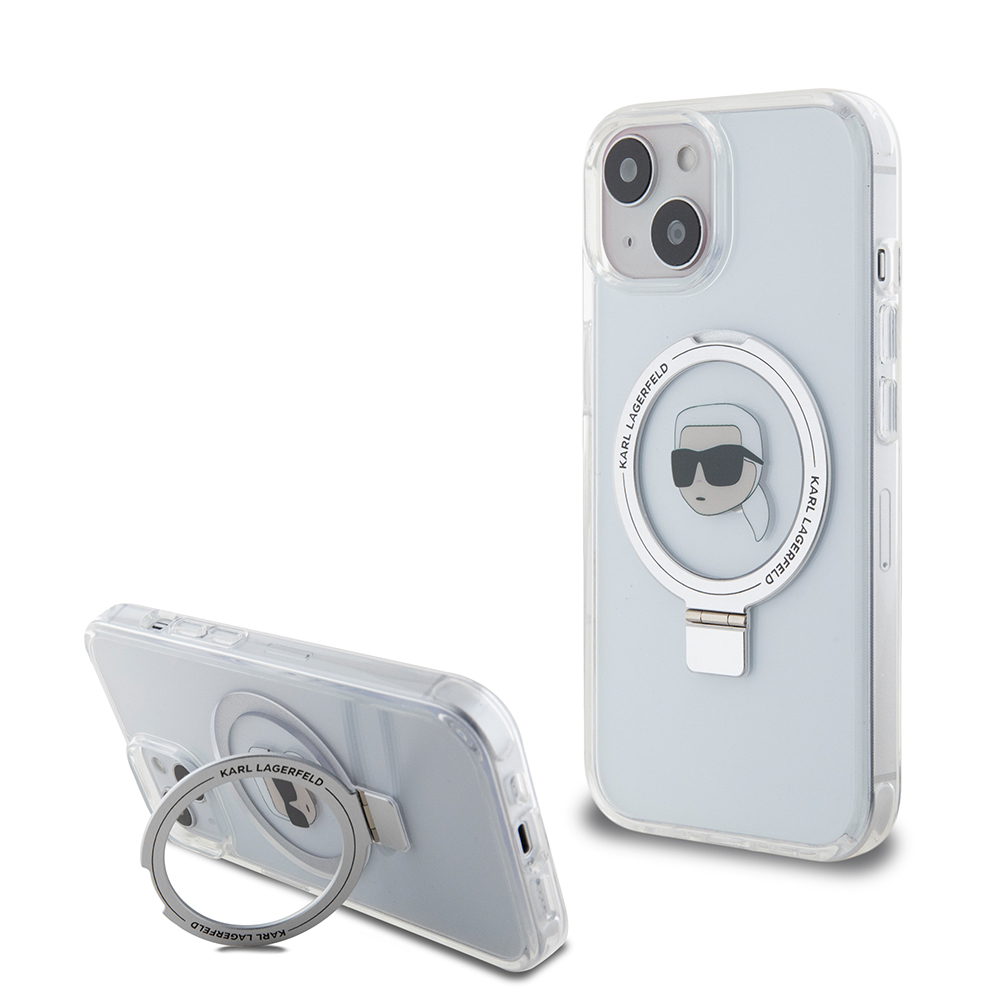 Калъф за iPhone 15 - Karl Lagerfeld Hardcase Ring Stand MagSafe (KLHMP15SHMRSKHH) - Бял Karl Head