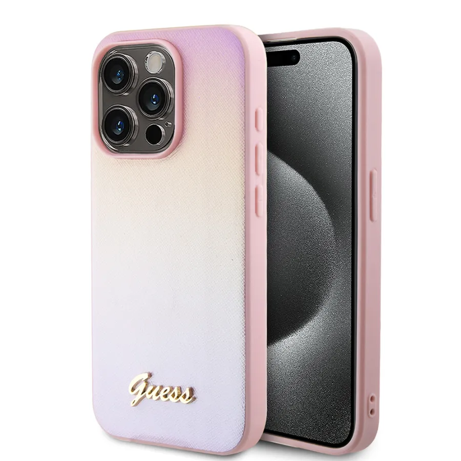 Калъф за iPhone 15 Pro Max - Guess Saffiano Iridescent Script (GUHCP15XPSAIRSP) - Розов