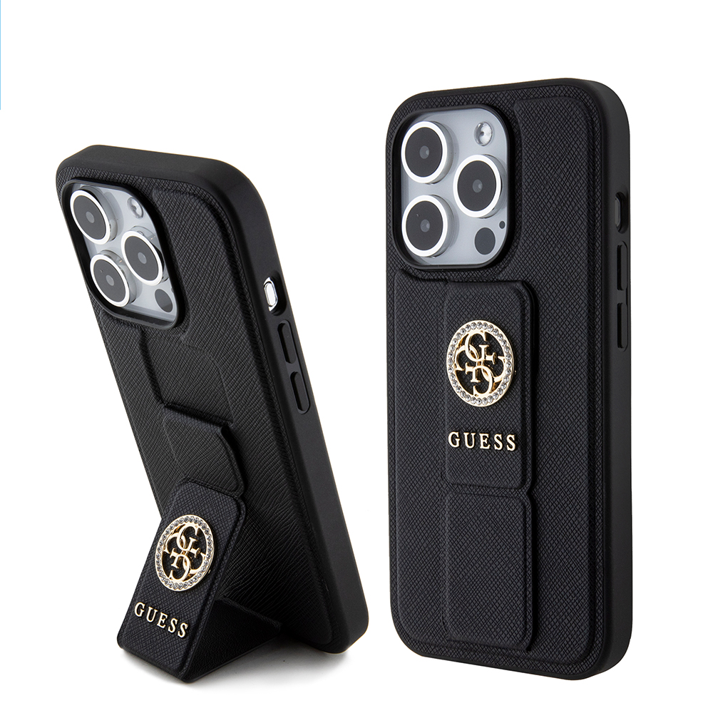 Калъф за iPhone 15 Pro - Guess Grip Stand 4G Saffiano Rhinestone Saffiano (GUHCP15LPGPGSSADK) - Черен