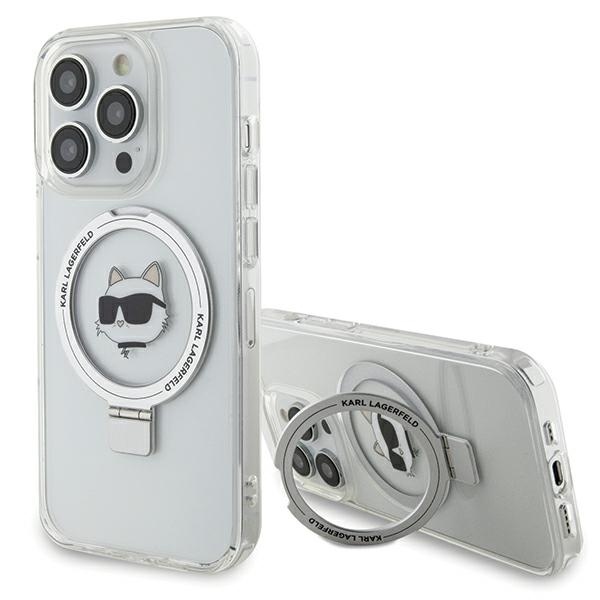Калъф за iPhone 15 Pro Max - Karl Lagerfeld Hardcase Ring Stand MagSafe (KLHMP15XHHMRSCHH) - Бял Choupette Head