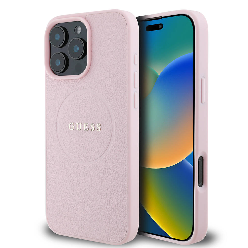 Калъф за iPhone 16 Pro - Guess Grained Златист Ring MagSafe (GUHMP16LPGHSMMP) - Розов