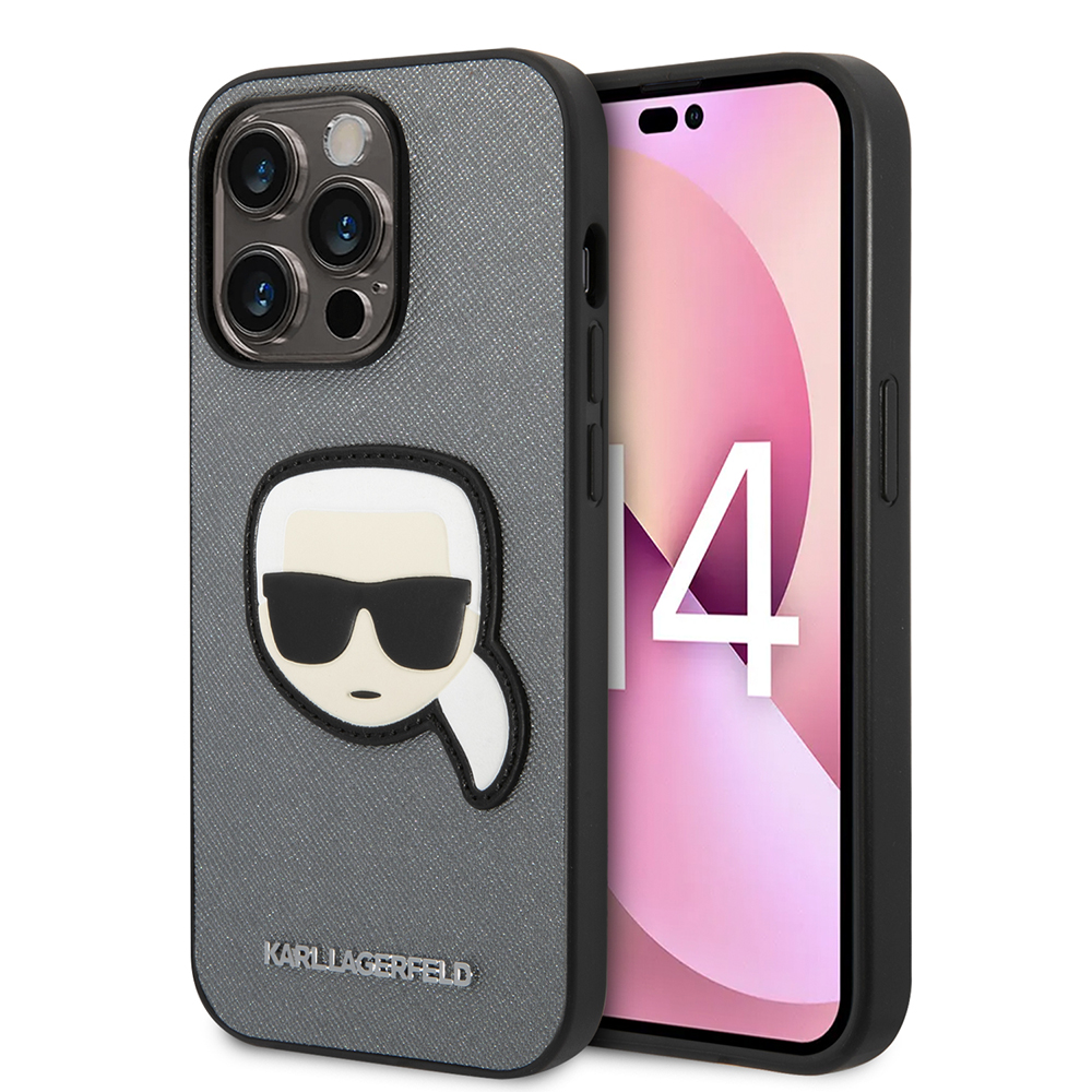 Калъф за iPhone 14 Pro - Karl Lagerfeld Saffiano (KLHCP14LSAPKKHG) - Сребрист Karl`s Head
