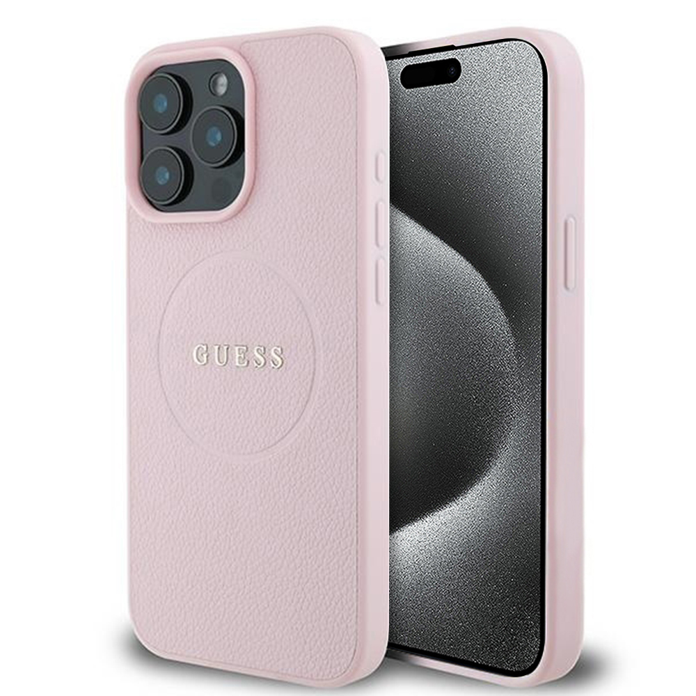 Калъф за iPhone 15 Pro Max - Guess Grained Златист Ring MagSafe (GUHMP15XPGHSMMP) - Розов