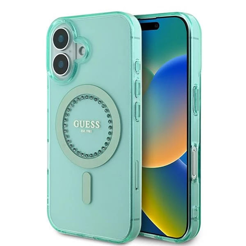 Калъф за iPhone 16 Plus - Guess IML Rhinestones MagSafe (GUHMP16MPFTDTEN) - Зелен