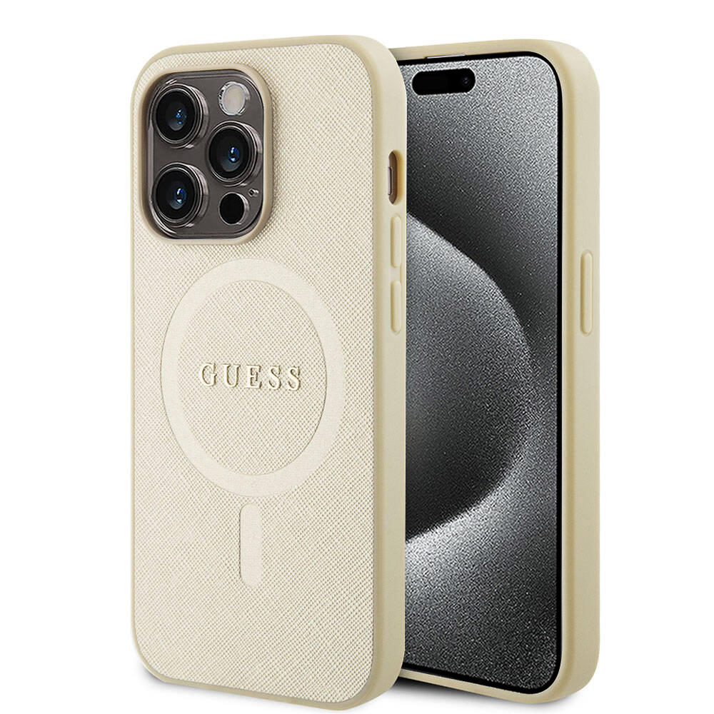 Калъф за iPhone 15 Pro - Guess Saffiano MagSafe (GUHMP15LPSAHAHMCB) - златен