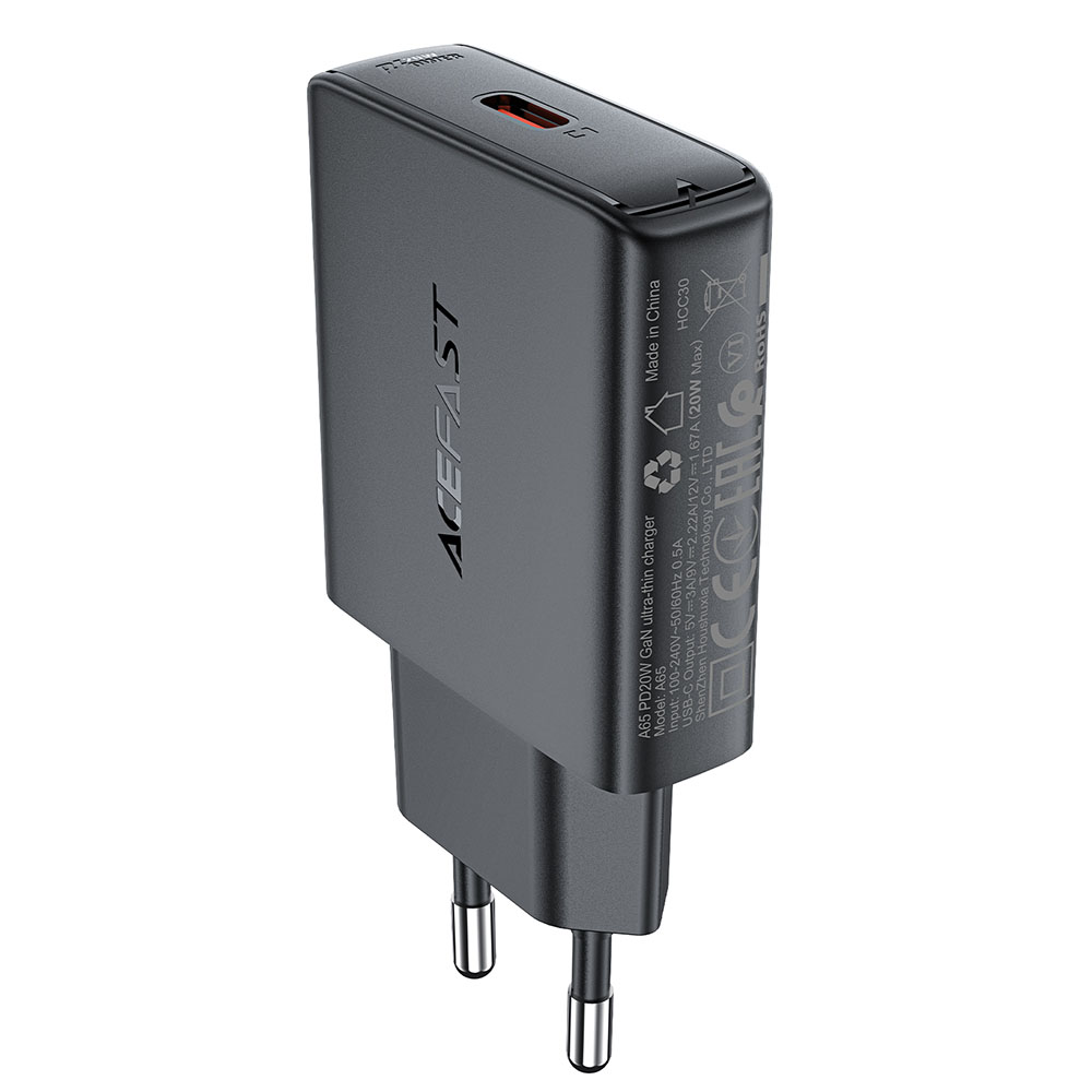 Charger Charger for Plug, Type-C, GaN Technology, Power Delivery, 20W - Acefast (A65) - Черно