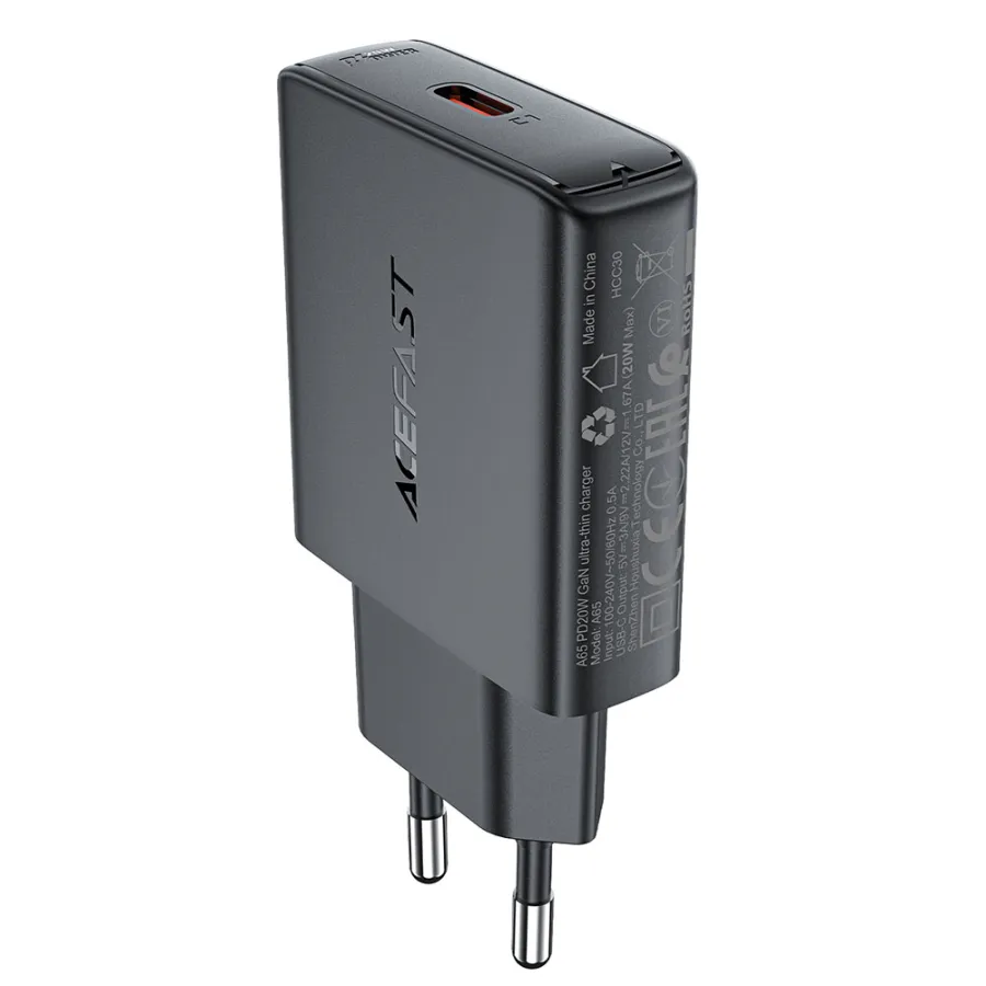 Charger Charger for Plug, Type-C, GaN Technology, Power Delivery, 20W - Acefast (A65) - Черно