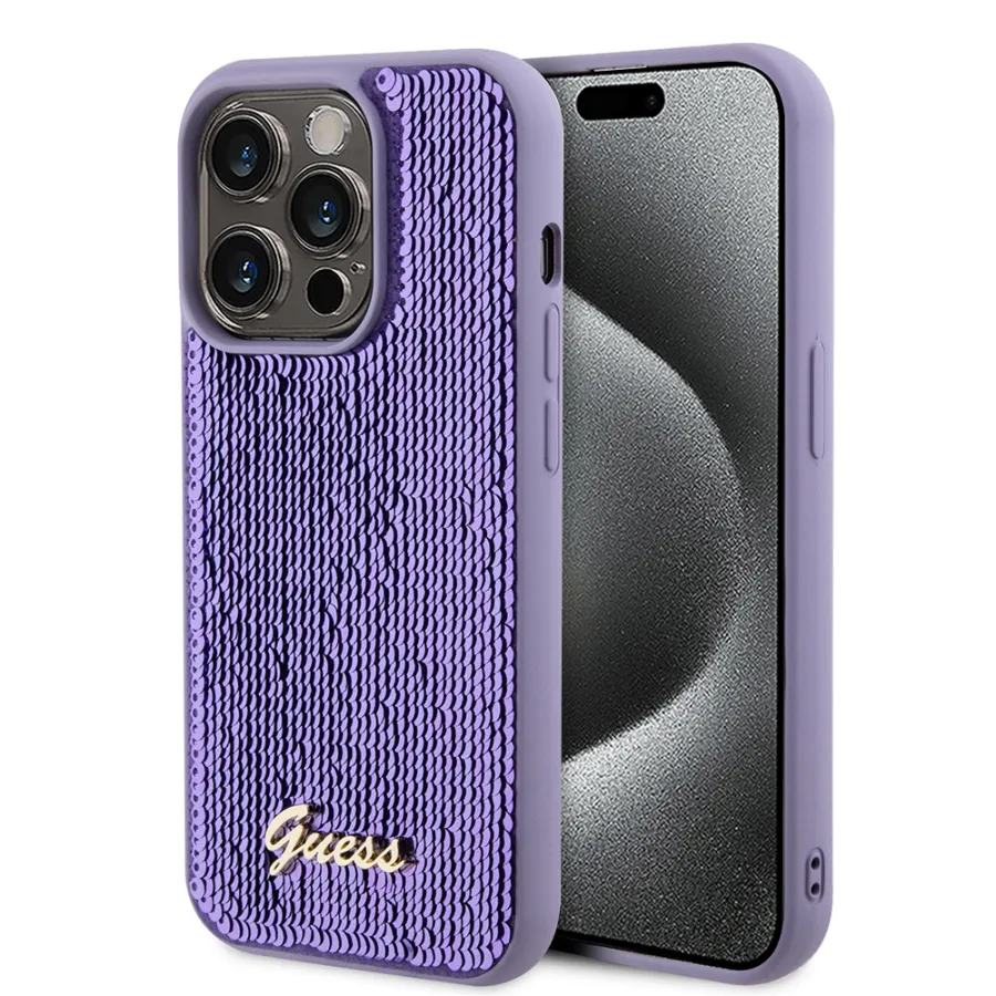 Калъф за iPhone 15 Pro Max - Guess Sequin Script Metal (GUHCP15XPSFDGSU) - Лилав