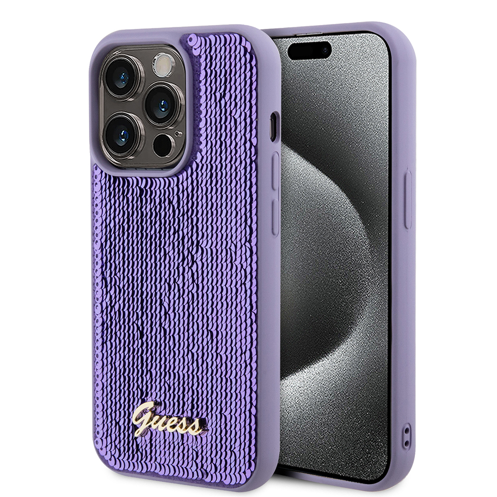 Калъф за iPhone 15 Pro - Guess Sequin Script Metal (GUHCP15LPSFDGSU) - Лилав