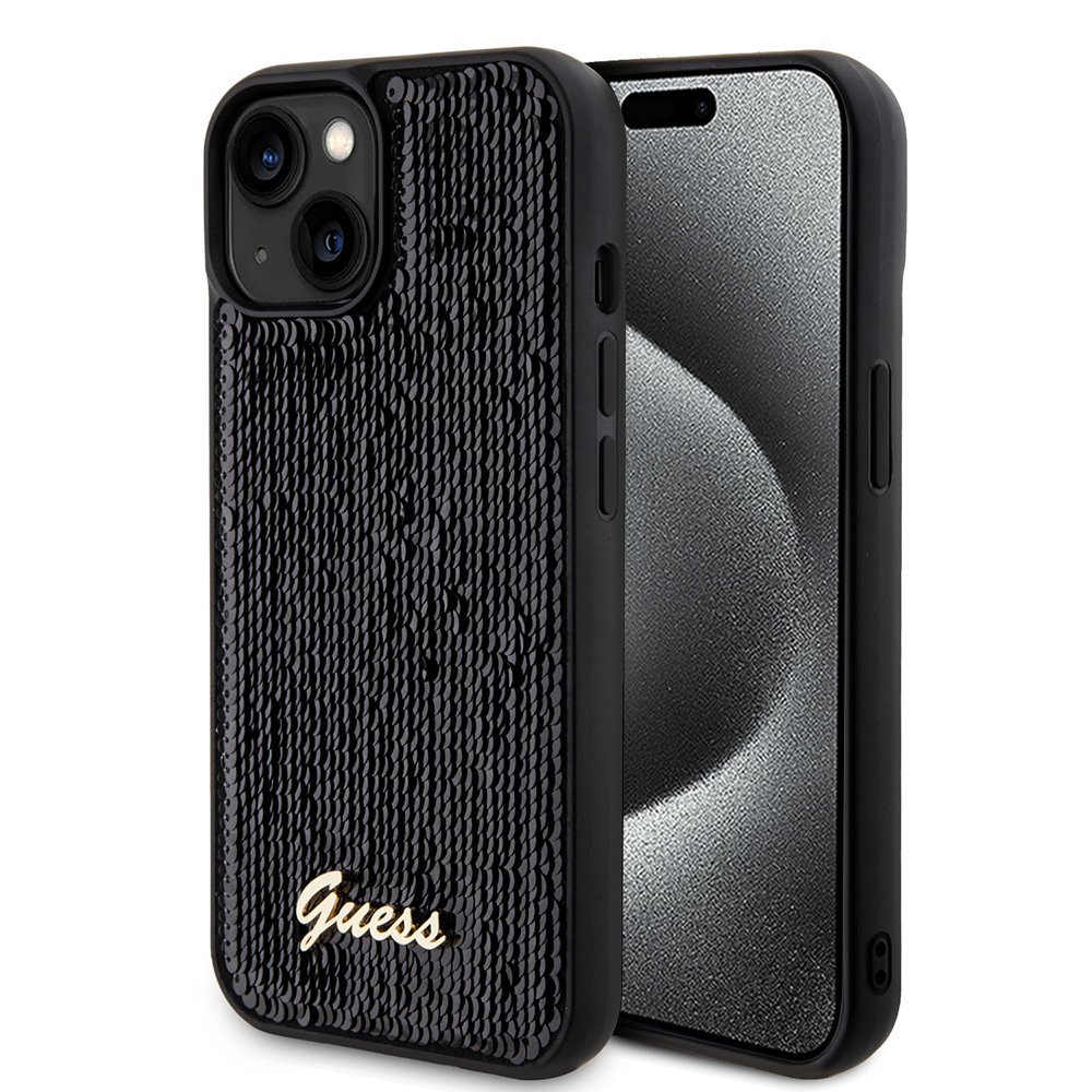 Калъф за iPhone 15 - Guess Sequin Script Metal (GUHCP15SPSFDGSK) - Черен