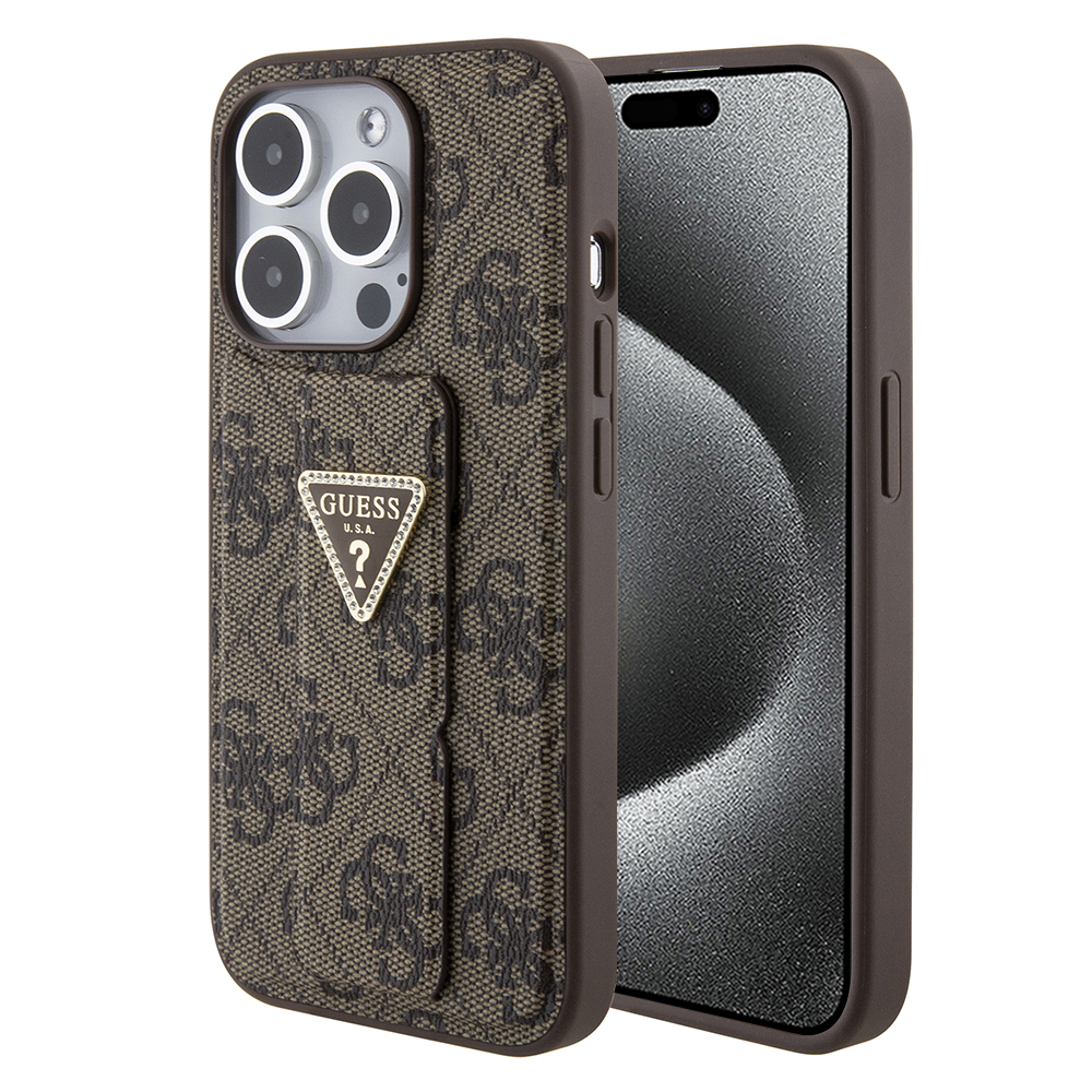 Калъф за iPhone 15 Pro - Guess Grip Stand 4G Triangle Triangle Strass (GUHCP15LPGS4TDW) - Кафяв