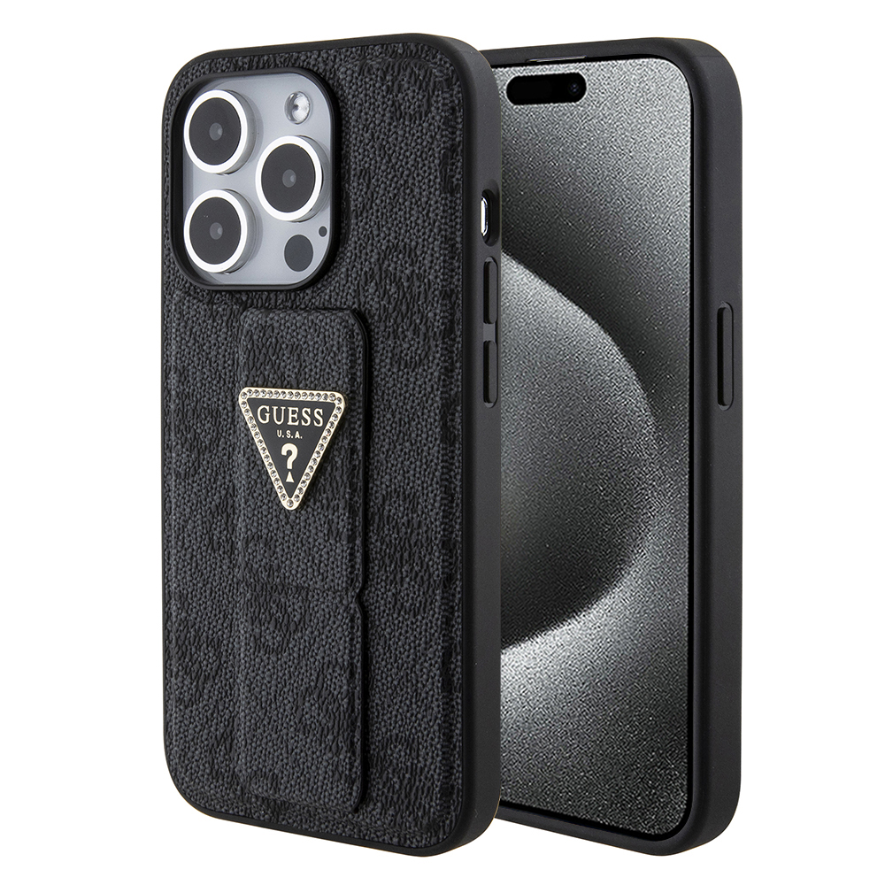 Калъф за iPhone 15 Pro Max - Guess Grip Stand 4G Triangle Triangle Strass (GUHCP15XPGPGS4TDK) - Черен