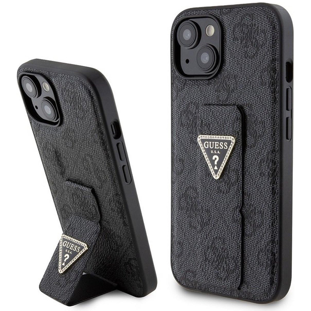 Калъф за iPhone 15 - Guess Grip Stand 4G Triangle Triangle Strass (GUHCP15SPGS4TDK) - Черен
