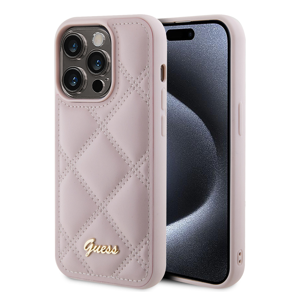 Калъф за iPhone 15 Pro - Guess Quilted Metal Logo (GUHCP15LPSQQSQSP) - Розов