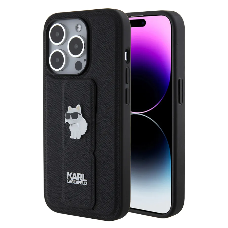Калъф за iPhone 15 Pro - Karl Lagerfeld Saffiano Gripstand (KLHCP15LGSACHPK) - Choupette Pins