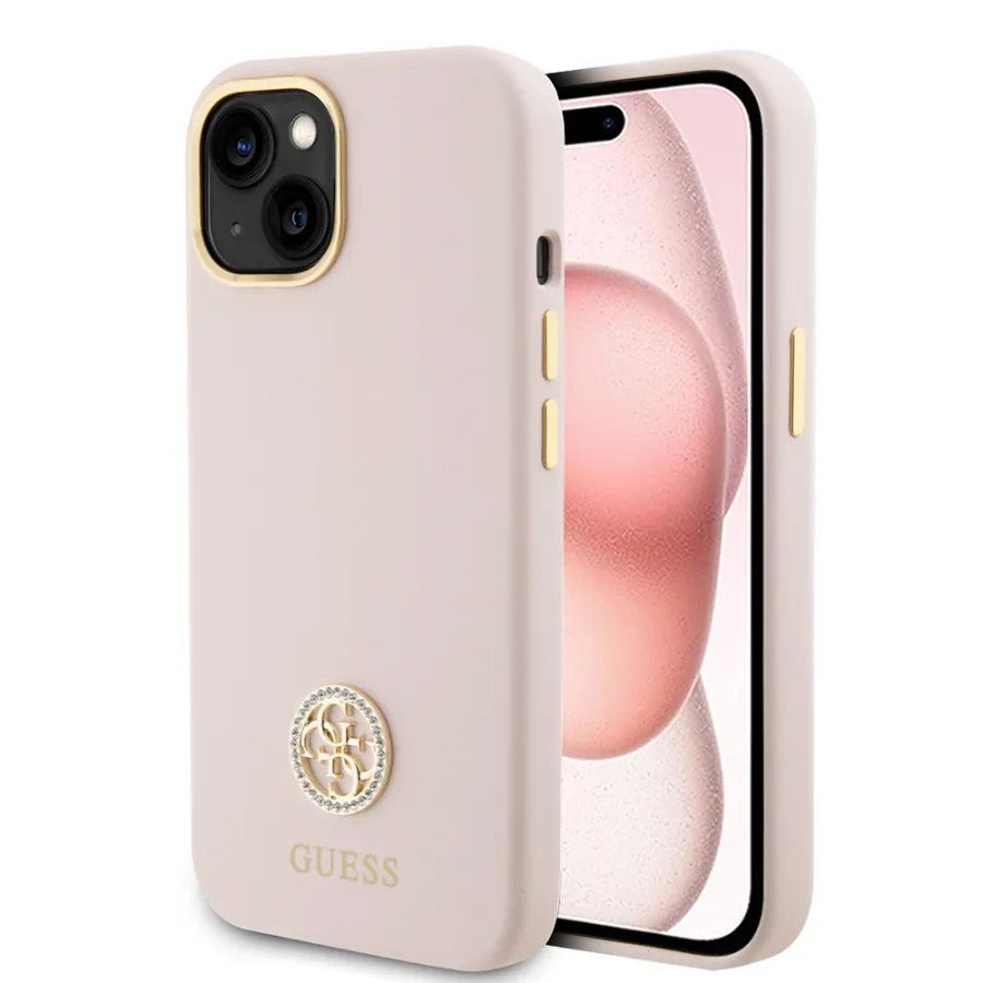 Калъф за iPhone 15 - Guess Silicone Logo Rhinestone 4G (GUHCP15SM4DGPP) - светло розов