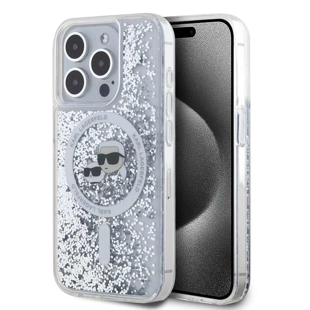 Калъф за iPhone 15 Pro - Karl Lagerfeld Liquid Glitter MagSafe (KLHMP15LLLLGKCSGH) - Прозрачен Karl&Choupette Head