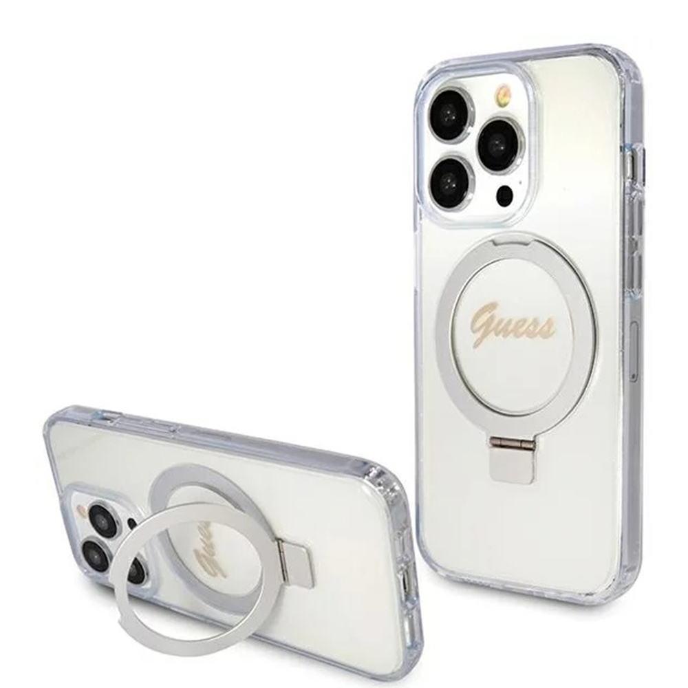 Калъф за iPhone 15 Pro - Guess Ring Stand Script Glitter MagSafe (GUHMP15LHRSGSD) - Прозрачен