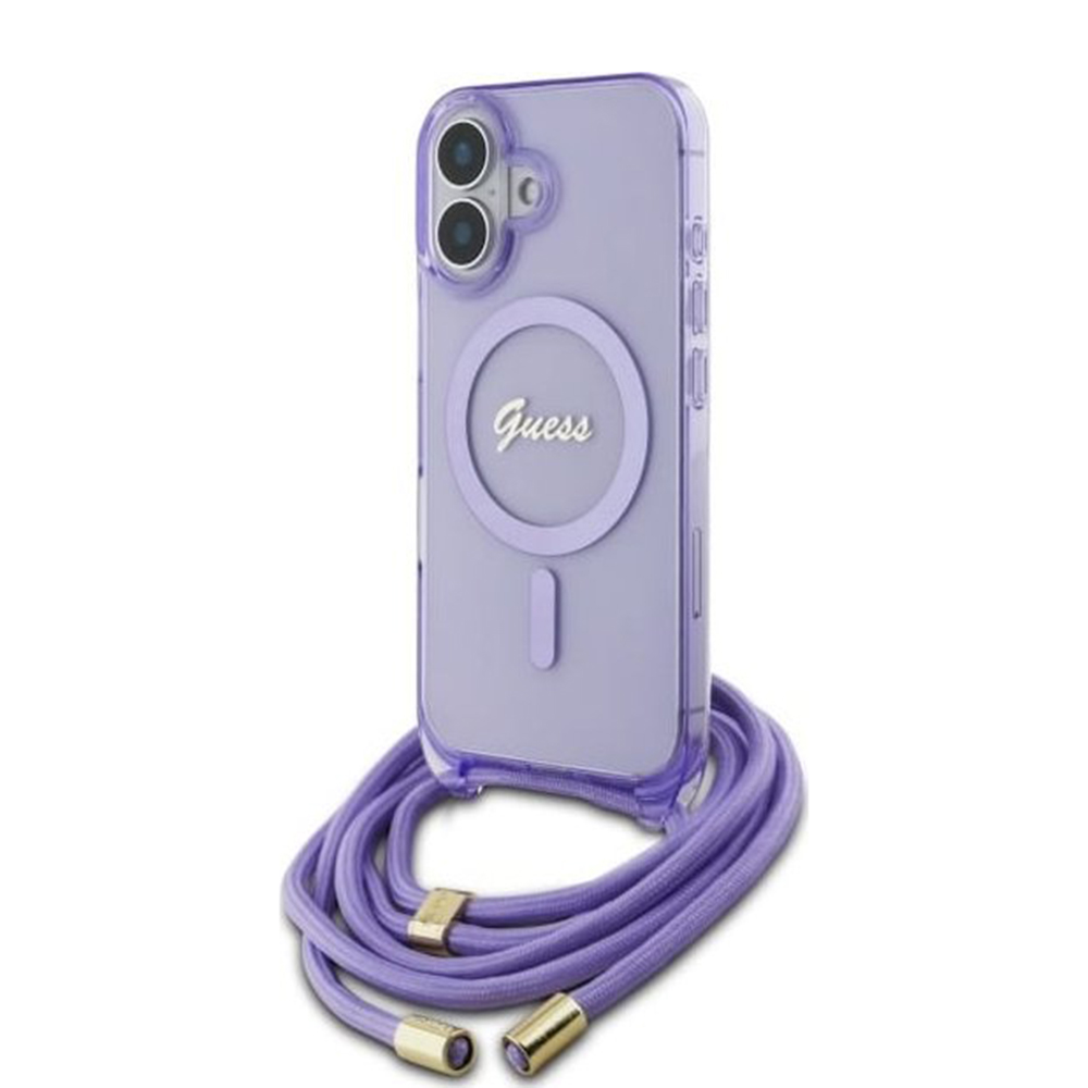 Калъф за iPhone 16 - Guess IML Crossbody Crossbody Cord Script MagSafe (GUHMP16SHCTSGNSU) - Лилав