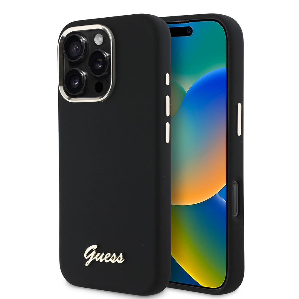 Калъф за iPhone 16 Pro - Guess Silicone Script Metal Metal Logo & Frame (GUHCP16LSMBSLK) - Черен