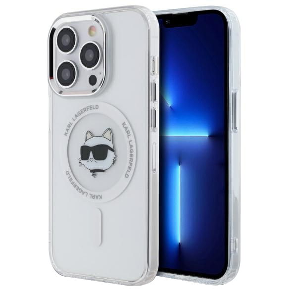 Калъф за iPhone 13 Pro Max - Karl Lagerfeld IML MagSafe (KLHMP13XHLHLSCHH) - Бял Metal Choupette`s Head