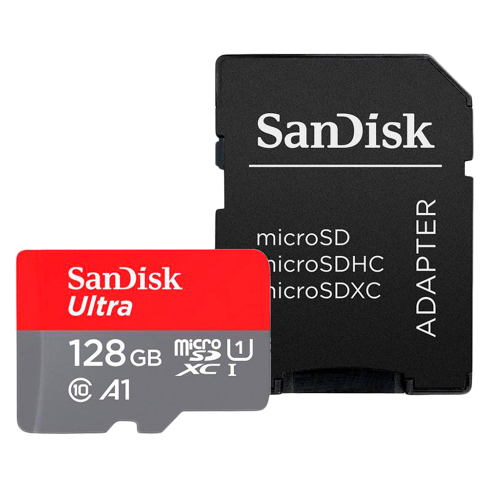 Карта с памет, 128GB, MicroSDXC - SanDisk Ultra (SDSQUAB-128G-GN6MA) - червен / сив