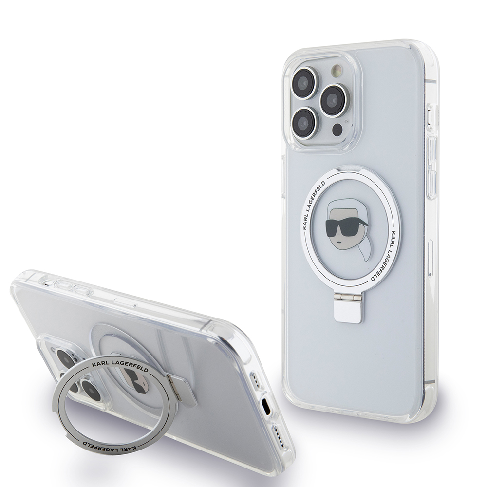 Калъф за iPhone 15 Pro - Karl Lagerfeld Hardcase Ring Stand MagSafe (KLHMP15LHHMMRSKHH) - Бял Karl Head