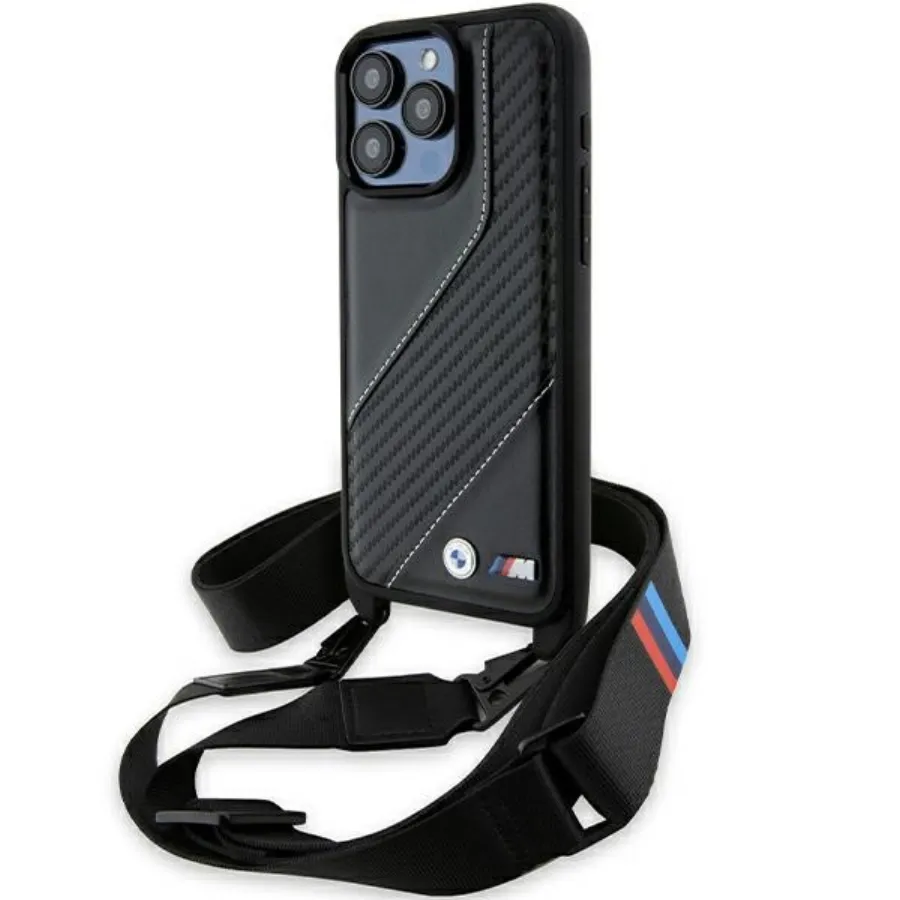 Калъф за iPhone 15 Pro - BMW Leather M Edition Carbon Stripe & Strap (BMHCP15L23PSCCK) - Черен