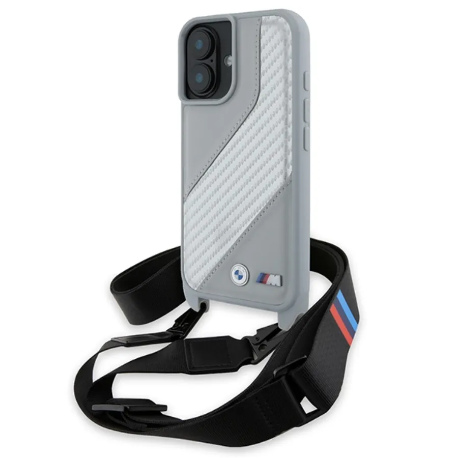 Калъф за iPhone 16 - BMW Leather M Edition Carbon Stripe & Strap (BMHCP16S23PSCCG) - Черен
