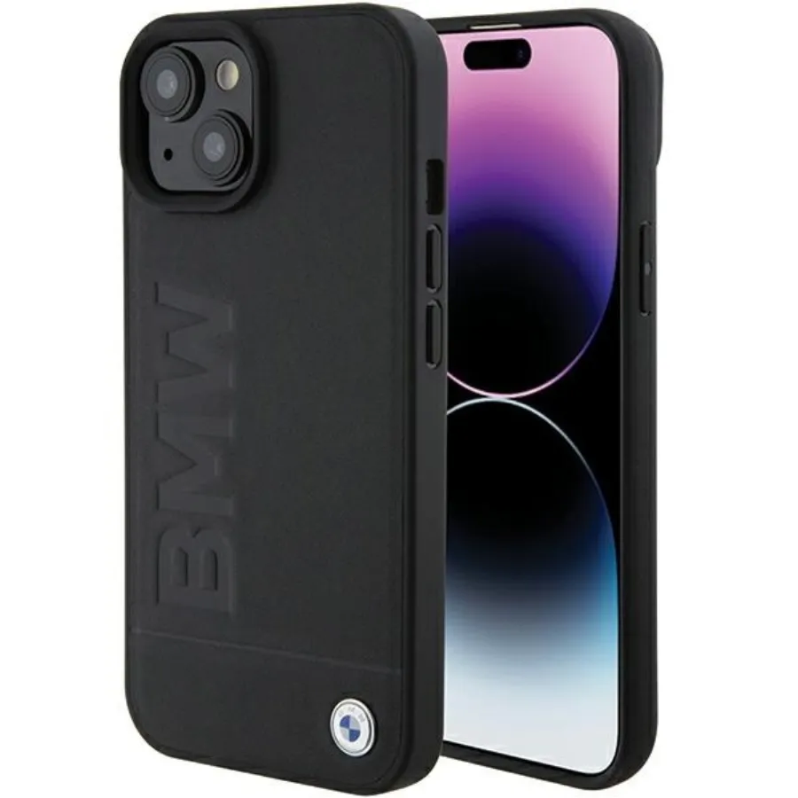 Калъф за iPhone 15 Plus - BMW Natural Leather Hot Stamp (BMHCCHCP15MSLLLLBK) - Черен