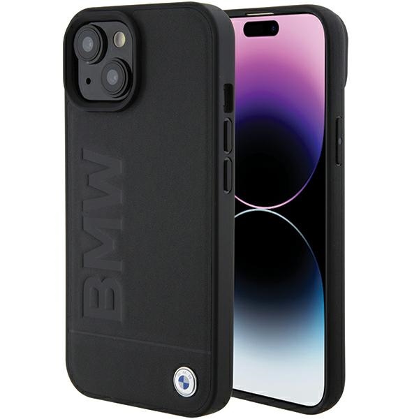 Калъф за iPhone 15 Plus - BMW Natural MagSafe Leather Hot Stamp (BMHMP15MSLLBK) - Черен