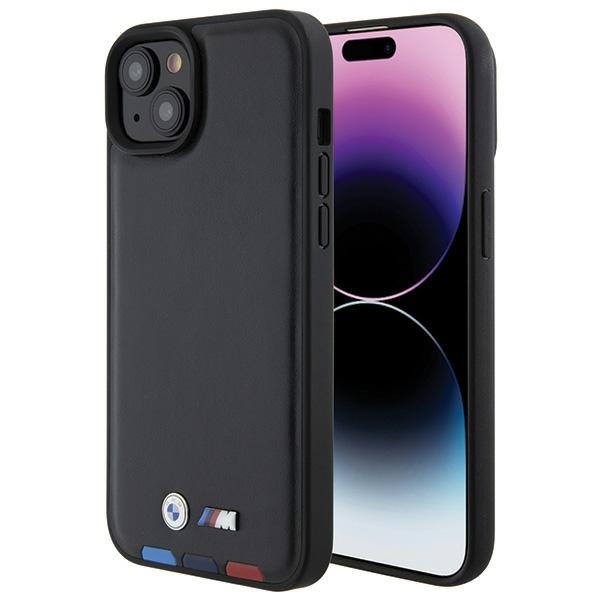 Калъф за iPhone 15 Plus - BMW Leather Stamp Tricolor (BMHCP15M22PTDK) - Черен