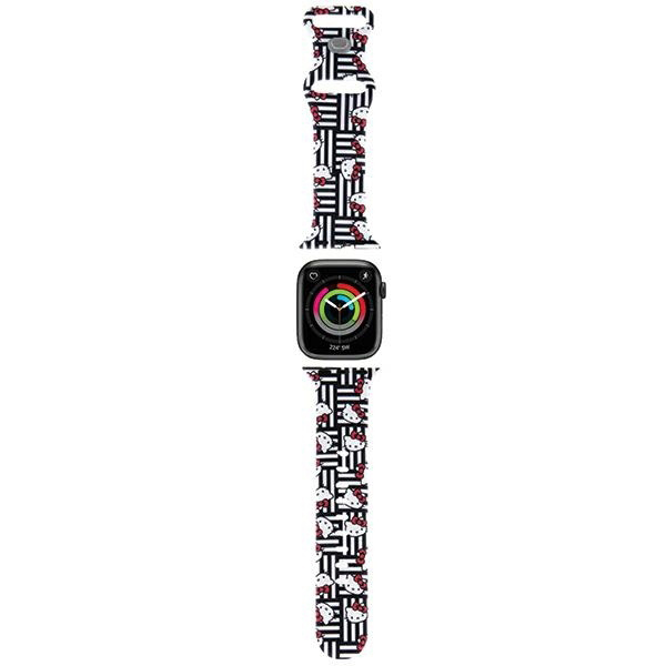 Каишка за Apple Watch 1/2/3/3/4/4/5/5/6/6/7/8/7/8/9/10/10/SE/SE 2 (38/40/41/42mm) - Hello Kitty Strap Silicone Heads & Stripes (HKAWMSDIESK) - Черен