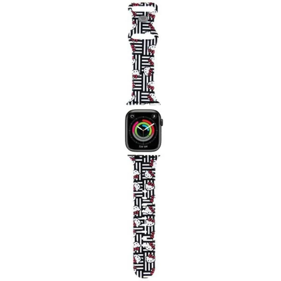 Каишка за Apple Watch 1/2/3/3/4/4/5/5/6/6/7/8/7/8/9/10/10/SE/SE 2 (38/40/41/42mm) - Hello Kitty Strap Silicone Heads & Stripes (HKAWMSDIESK) - Черен