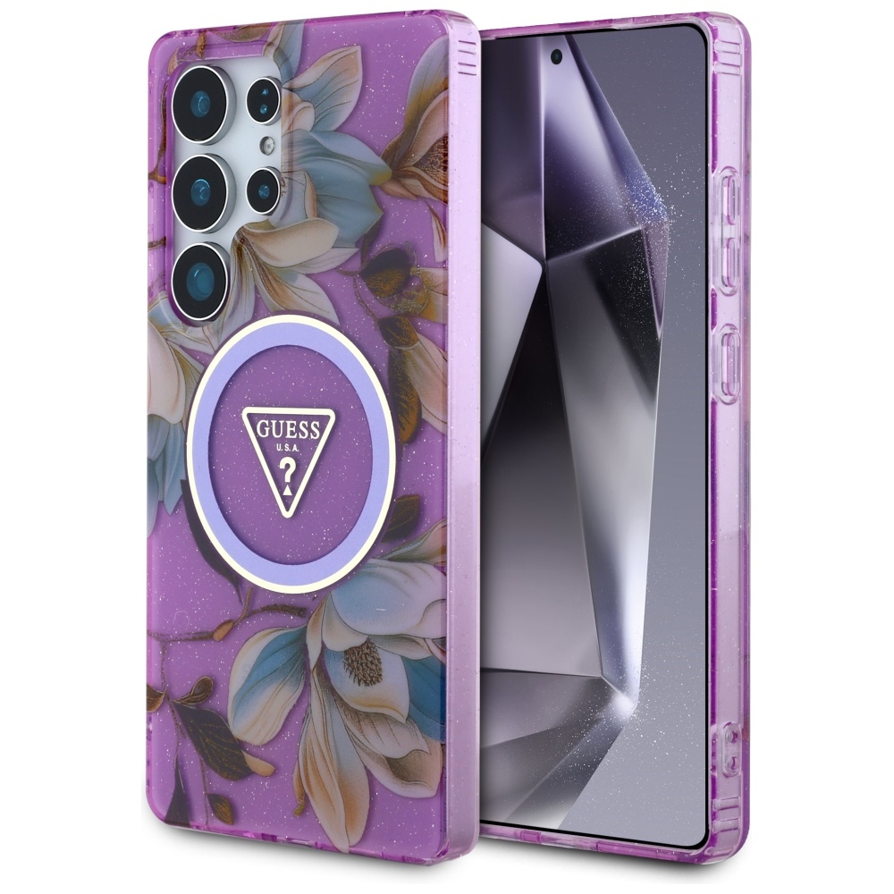 Чантичка за Samsung Galaxy S25 Ultra - Guess IML Metal Glitter Flowers Triangle MagSafe (GUHMS25LHFLPEDU) - лилава