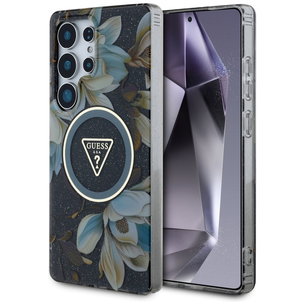 Чанта за Samsung Galaxy S25 Ultra - Guess IML Metal Glitter Flowers Triangle MagSafe (GUHMS25LHFLFLPEDK) - Черна
