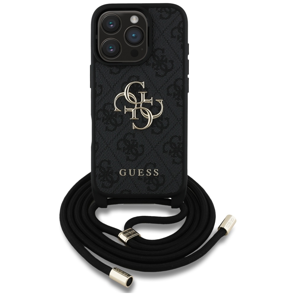 Калъф за iPhone 16 Pro - Guess Hardcase 4G Big Logo with Cord Strap (GUHCP16LP4GMGCRK) - Черен