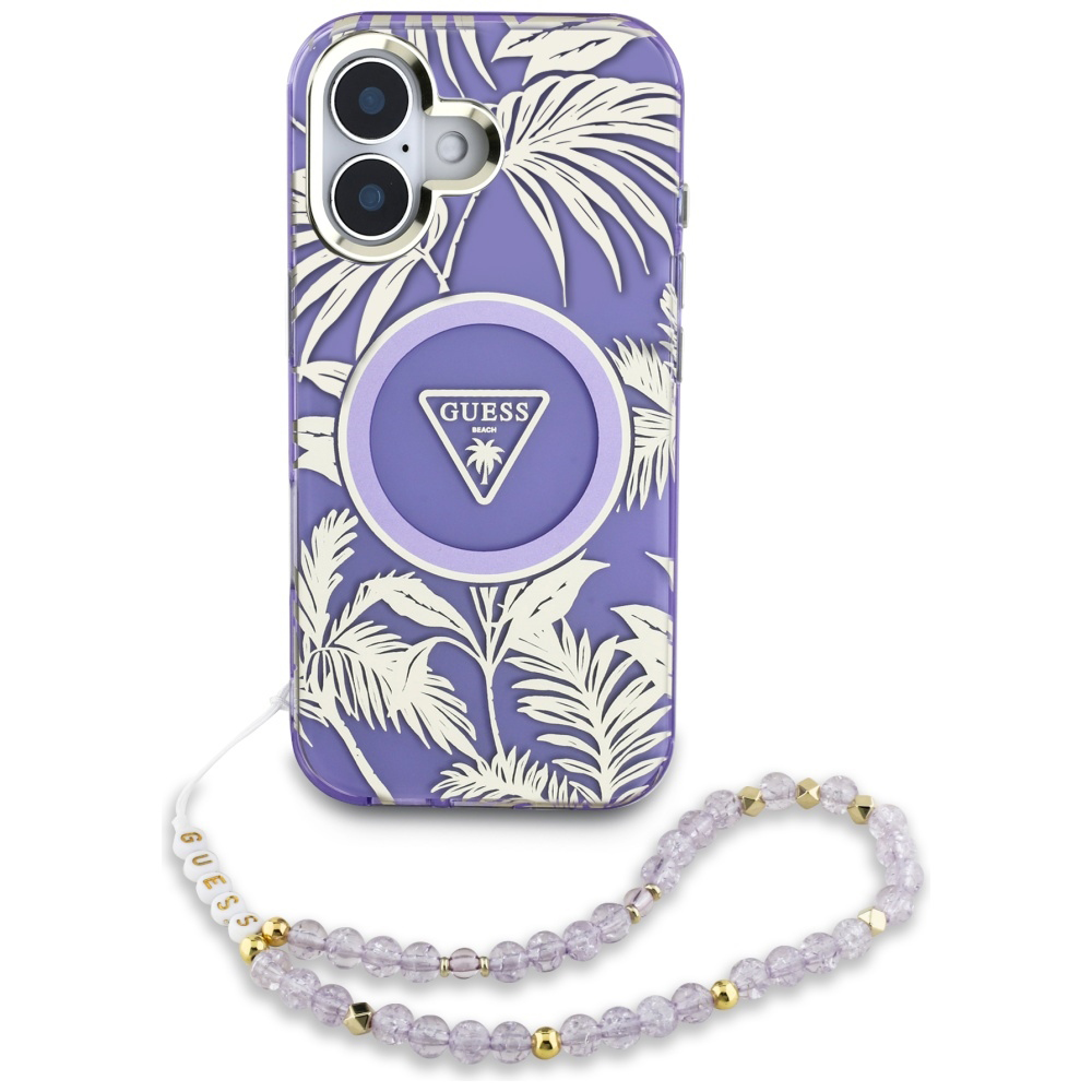 Калъф за iPhone 16 - Guess IML IML Palm Trees Triangle with Pearl Strap MagSafe (GUHMP16SHPCTCTPLSU) - Лилав