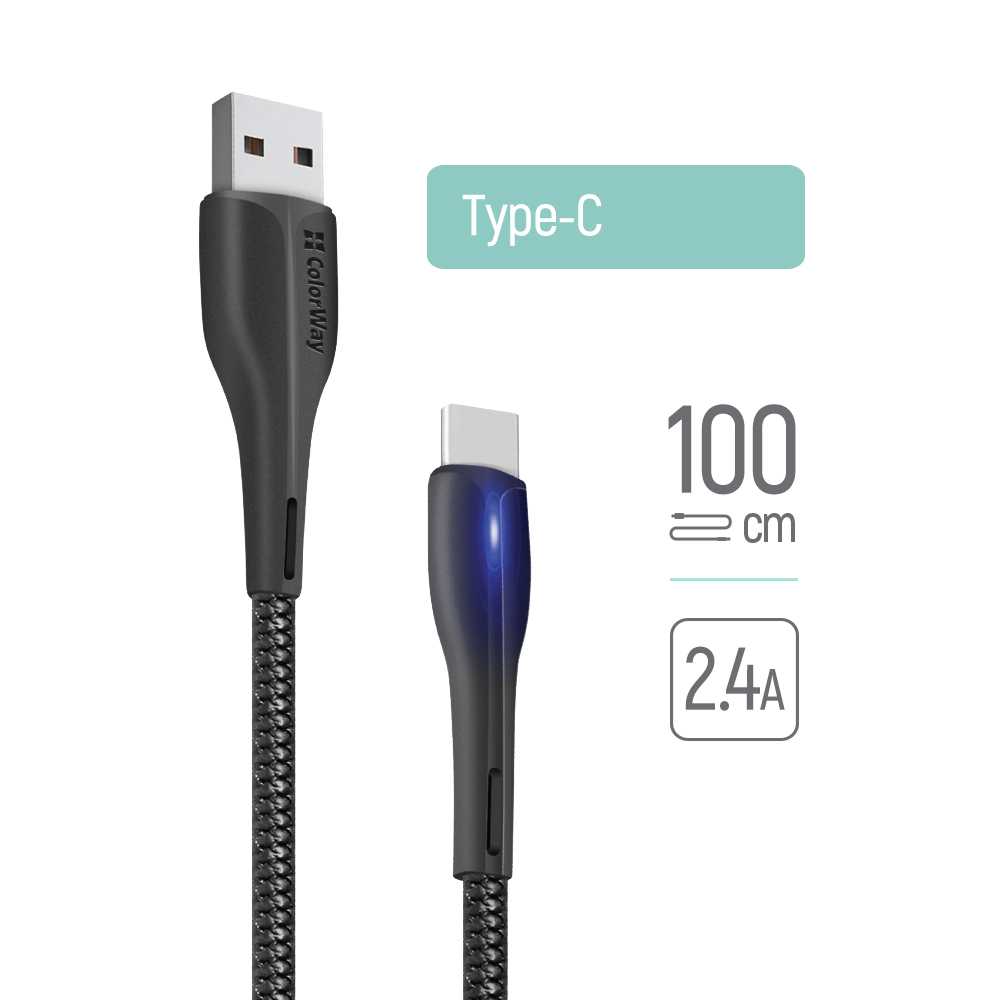 USB към Type-C кабел, LED, 2.4A, 1m - ColorWay (CW-C-CBUC034-BK) - Черен
