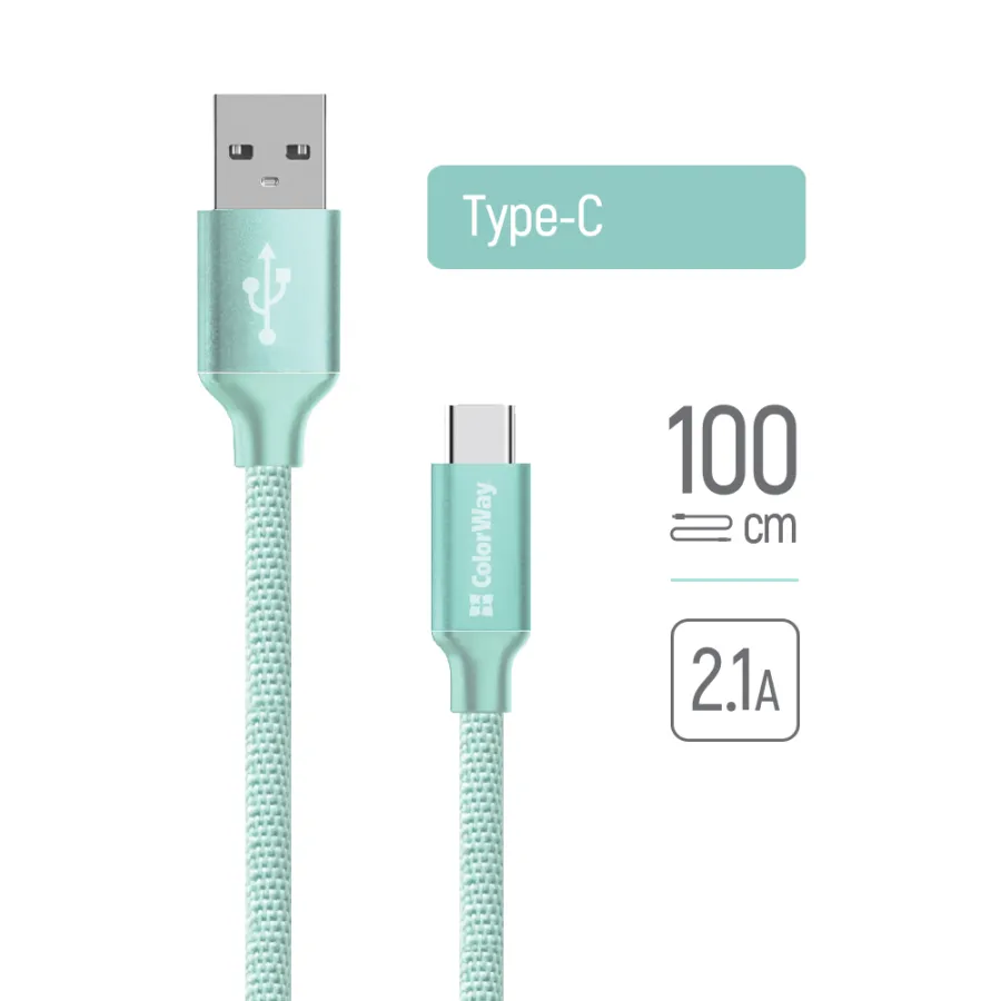 Кабел за данни, USB към Type-C, 2.1A, 1m - ColorWay (CW-CBUC003-MT) - Mint