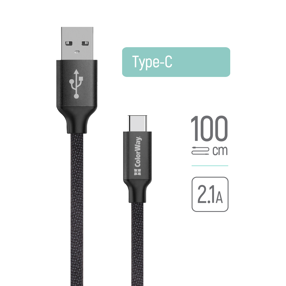 Кабел за дата, USB към Type-C, 2.1A, 1m - ColorWay (CW-CCBUC003-BK) - Черен