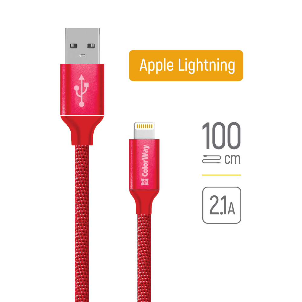 Кабел за дата, USB към Lightning, 2.1A, 1m - ColorWay (CW-CBUL004-RD) - Червен