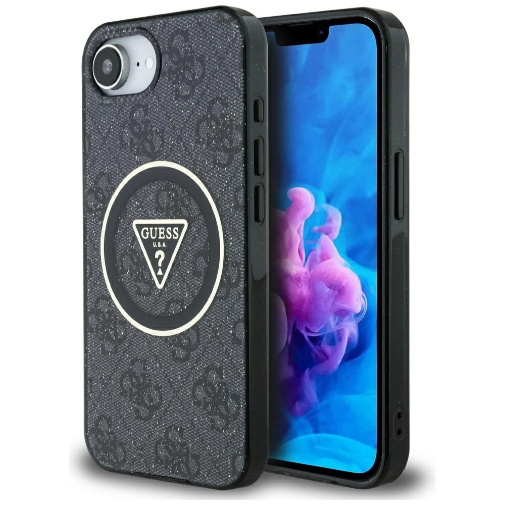 Калъф за iPhone 16e / iPhone 17e - Guess IML Metal Glitter 4G Circle Triangle MagSafe (GUHMPSE4HG4PRTGK) - Черен