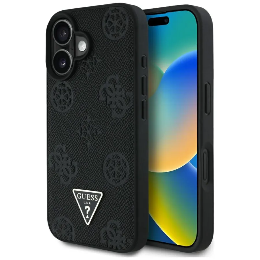 Калъф за iPhone 16 - Guess Peony Grained Hot Stamp Hot Stamp Triangle MagSafe (GUHMP16SPGBTMK) - Черен
